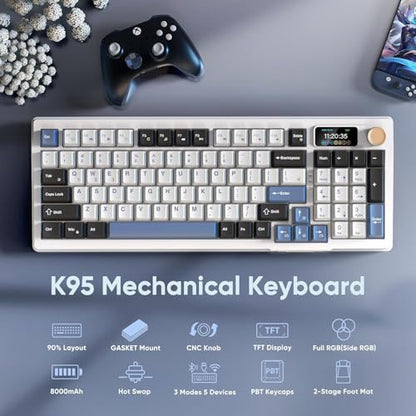 RedThunder K95 Wireless Mechanical Keyboard, TFT Screen & Knob, Tri-Mode BT5.0/2.4GHz/USB-C Hot Swappable Custom, Pre-lubed Linear Switches, Gasket Structure, RGB Gaming Keyboard, Snowy White-Blue - color: Snowy White
