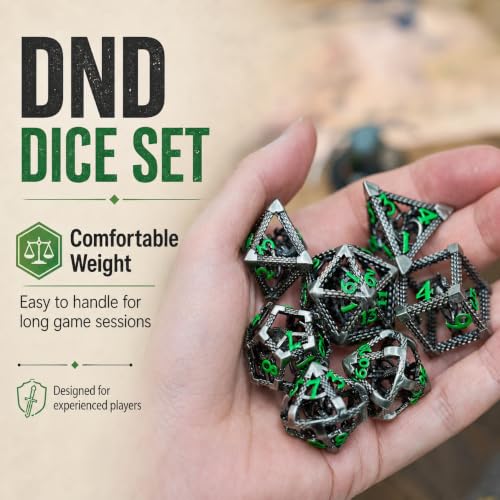 Hollow Cthulhu Metal Dice Set,7-Piece RPG Dice, Green Number | Lightweight Copper Dice,Easy-To-Read Numbers, a Gift Box and Velvet Bag for RPG Play, Gifting and Collecting. - color: Cthulhu Green Number