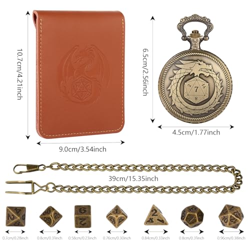 Mini D&D Dice Set with Bronze Steampunk Dragon Swallow Tail Pocket Watch Shell Case, DND Dice Bag, 7pcs Polyhedral Dice Set, Portable DND Starter Set, Board Games Accessories, RPG MTG Gifts - color: Dragon Swallow Tail