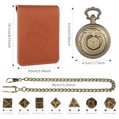 Mini D&D Dice Set with Bronze Steampunk Dragon Swallow Tail Pocket Watch Shell Case, DND Dice Bag, 7pcs Polyhedral Dice Set, Portable DND Starter Set, Board Games Accessories, RPG MTG Gifts - color: Dragon Swallow Tail