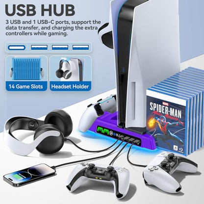PS5/Slim/Pro Stand and Cooling Station with LED Controller Charging Station for PlayStation 5 Console, Controller Charger, Cooling Stand, PS5/Slim/Pro Skin Accessories Kit with 3 Level Cooler Fan - color: Purple