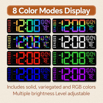 YISILE 16 Inch RGB LED Digital Wall Clock - 8 Color Display, 6 Night Light Modes, Bluetooth Auto Time Sync, Sound Wake-Up, Dual Alarm, Auto DST, Remote Dimmer for Bedroom, Living Room & Gaming Room