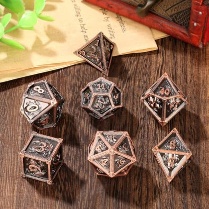 Metal Dice Set, Fly Dragon Pattern, 7pcs Polyhedral Metal DND Dice Set, DND Starter Set, D&D Gifts with Gift Box, Role Playing Board Games Accessories, Red Copper ﻿ ﻿ - color: Red Copper