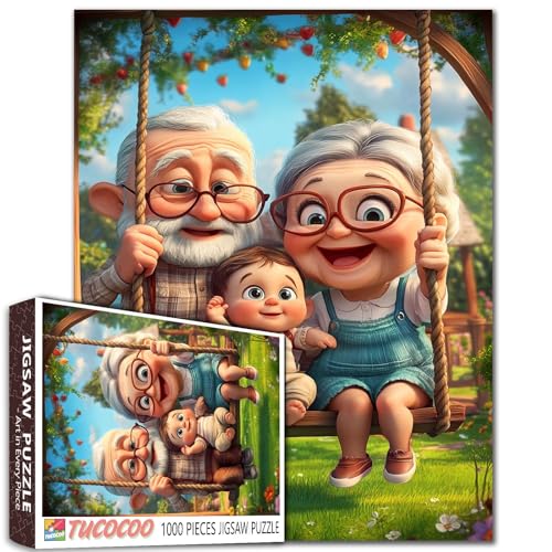 Happy Grandparents with Baby On Swing 1000 Piece Jigsaw Puzzle for Adults Students Garden with Wooden House Bright Colorful Art 20×27 Inches Relaxing Fun Puzzles for Brain Exercise and Home Decor - color: Puzzle-grandma-06