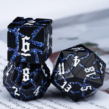 Cracked Rune Metal Dice Set for DND & RPG – Dark Fantasy Fractured Design, Premium Heavy Metal Polyhedral Dice with Deep Engraved Numbers, 7-Piece Set – Blue Arcane Vein - color: Matte Black Blue