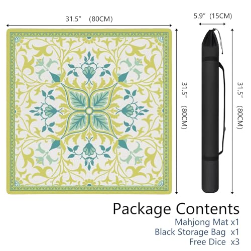 Elegant Mahjong Mat for Table, 31.5*31.5in Anti Slip Mahjong Table Cloth, Noise Reduction, Neoprene Mah jongg Mat with Carrying Bag & 3 Dices, Poker Board Tile Games Mats, William Morries's Vine - color: Green05