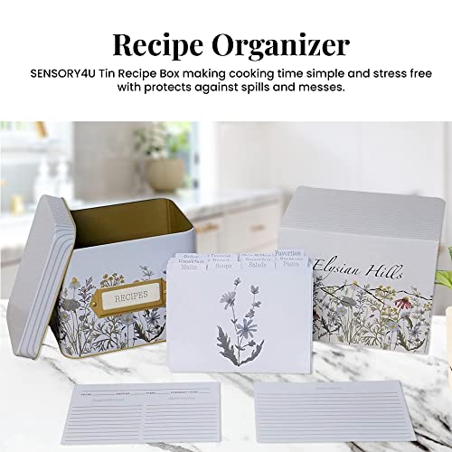 SENSORY4U Tin Recipe Box Holder With Cards - Wildflower Print - Includes 100 4X6 Cards and 12 Dividers - Beautiful Decorative Tin Box Flower Gift