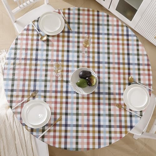 Walrus Round Vinyl Fitted Tablecloth with Flannel Backing Elastic Edge Design Table Cover Waterproof Oil-Proof PVC Table Cloth Stain-Resistant Best for 32"-36" Round - color: Color Checkered, size: 36" (Round)