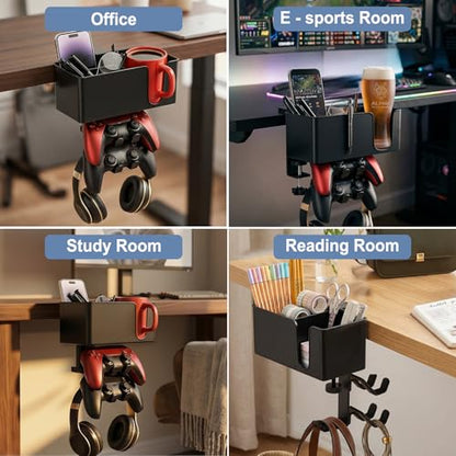 MYITYARD 5 in 1 Desk Cup Holder Clamp, Detachable Pencil Holder with Rotating Headphone Hanger & Controller Holder, Desk Organizer for Cup, Pen, Phone, Gaming Office Desk Accessories - color: With Two Controller Holders