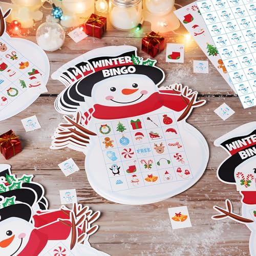 Blosssound Snowman Christmas Bingo Game for 24 Players Winter Holiday Party Supplies, Classroom Family Xmas Activities, Reusable Snowman Bingo Cards for Christmas Eve Games - style: Snowman