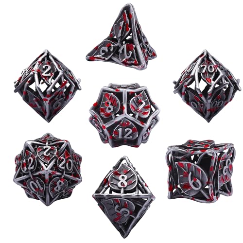 AUSTOR Metal DND Dice Set 7 Pieces Leaf DND Dice Hollow Polyhedral Dice D20 D12 D10 D% D8 D6 D4 Metal Dice with Metal Box for Dungeons & Dragons RPG Board Games (Tin & Blood) - color: Antique Tin & Blood Spattered