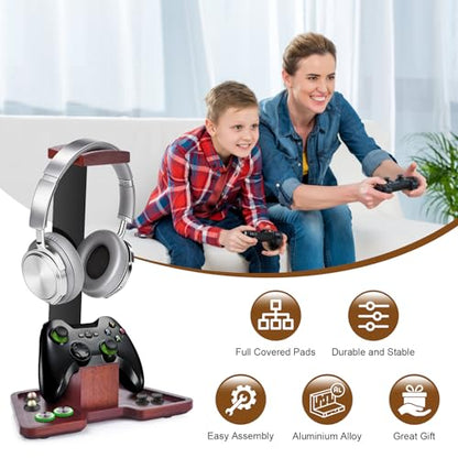 Headphone Holder Stand for Desk, Wood and Metal Headset Hanger Mount Hook Gaming Holder Desktop Earphone Artful Functional Craftsmanship Stand for All Headsets with Solid Wooden Base