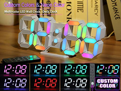 KOSUMOSU Wall Clock Neon Digital Clock 3D LED Desk Clock Large Display 9.7" RGB Clock Alarm Clock for Bedroom Living Room,Remote,Brightness Dimming, Date,Temp - color: 9.7in Clock-neon Light