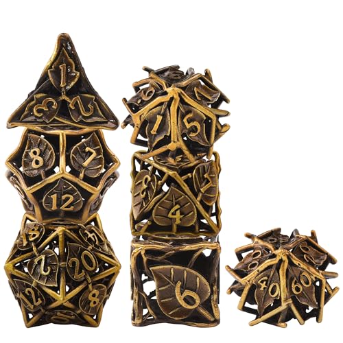 AUSTOR 7 Pieces DND Dice Set Leaf Metal Hollow Polyhedral Dice D20 D12 D10 D% D8 D6 D4 with Metal Box for Dungeons & Dragons RPG Board Games(Antique Gold) - color: Antique Gold