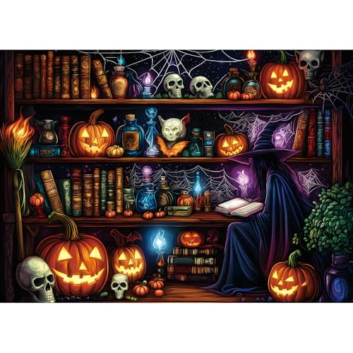 Halloween Witch Bookshelf Puzzles for Adults 1000 Pieces Spooky Bookshelf Puzzles 1000 Pieces Haunted Skull Pumpkin Ghost Jigsaw Puzzle Magic Potion Halloween Fall Challenge for Adults - color: Witch Bookshelf, size: (27"X19")