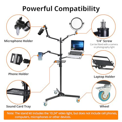 GVM 5-in-1 Movable Live Streaming Floor Stand Kit with Wheels, Overhead Camera Mount with 10" LED Key Light/Mic Boom Arm/Tablet Laptop Phone Stand/Tray for Live Broadcast Podcast Video Recording Game