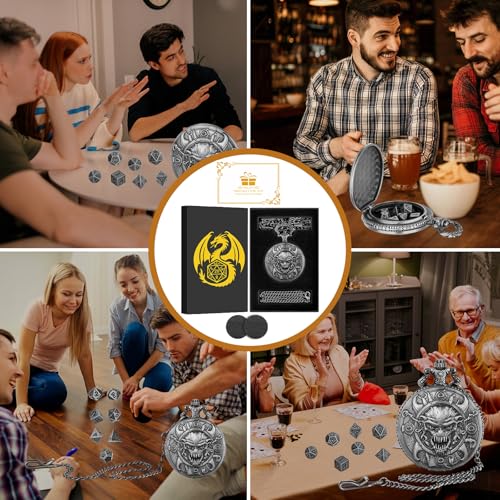 Mini DND Dice Set with Steampunk Warlock Skull Pocket Watch Case, Tiny 7PCS Polyhedral Metal D&D Dice, DND Gifts with Gift Box, Gothic Gifts, Role Playing Game Board Game Accessories Dice, Dark Silver