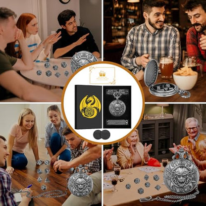 Mini DND Dice Set with Steampunk Warlock Skull Pocket Watch Case, Tiny 7PCS Polyhedral Metal D&D Dice, DND Gifts with Gift Box, Gothic Gifts, Role Playing Game Board Game Accessories Dice, Dark Silver