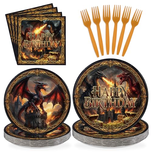 96 Pcs Dragon Themed Birthday Party Decorations, Serves 24 | Medieval Fire Dragon Castle Plates and Napkins Fantasy Knight Theme Tableware Set for Boys Man Girls Party Supplies - style: Treasure Western Dragon Plates m