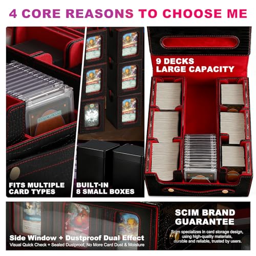 9IN1 MTG Deck Box with Handle, Fits 1000 Trading Cards or 8 Commander Decks, Premium Black Red Leather TCG Storage Case with 8 Removable Trays and 10 Dividers, Compatible with Magic, Yu-Gi-Oh! - color: Black Red
