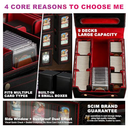 9IN1 MTG Deck Box with Handle, Fits 1000 Trading Cards or 8 Commander Decks, Premium Black Red Leather TCG Storage Case with 8 Removable Trays and 10 Dividers, Compatible with Magic, Yu-Gi-Oh! - color: Black Red