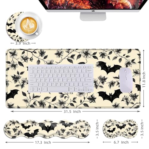 Mouse Pad,Large Desk Mat Set, 4in1 XL Mousepad + Keyboard Wrist Rest+Mouse Wrist Rest+Coaster with Ergonomic Desk Pad for Home Office Table Computer Cover -Floral Bats Pattern - color: Floral Bats Pattern