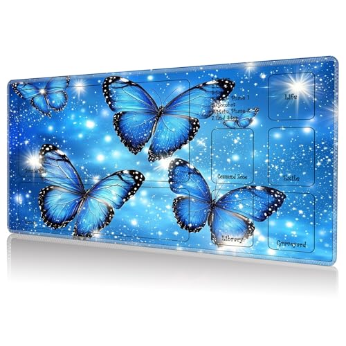 Playmat for MTG, Game Play Mat with Zones for MTG TCG Card Game Playing 24 x 14 inches Trading Card Game Playmats Non-Slip Rubber Base and Stitched Mousepad Desk Mats, Blue Butterflies - color: Blue Butterflies, size: Zones