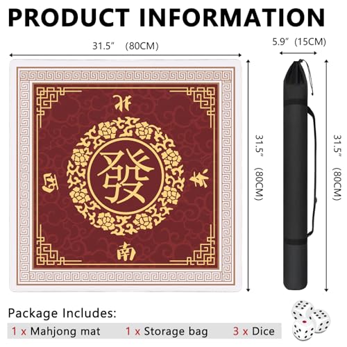 Mahjong Mat with Carrying Bag and 3 Dice, 31.5" X 31.5" Noise Reduction Mahjong Table Cover, Mahjong Lovers Gifts Non Slip Gaming Mat for Board Tile Games Poker Card Dominoes Party Family Game Nights - color: A03