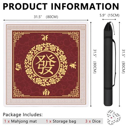 Mahjong Mat with Carrying Bag and 3 Dice, 31.5" X 31.5" Noise Reduction Mahjong Table Cover, Mahjong Lovers Gifts Non Slip Gaming Mat for Board Tile Games Poker Card Dominoes Party Family Game Nights - color: A03