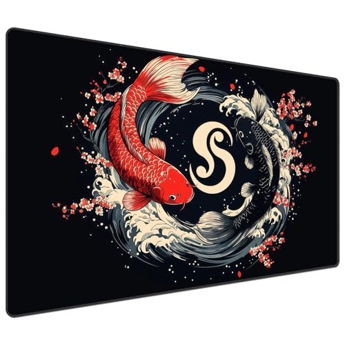 DEGDFSGR for MTG Playmat 24 x 14 inches for TCG Playmats Non-Slip Rubber Base Commander Playmat HD Cover for Magic Play Mat Iorcana Trading Card Game, Black and Red Koi - color: Black and Red Koi, size: 24" x 14"