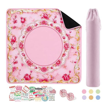 Pink Mahjong Mat for Table & 50PCS Stickers| Carrying Bag, Heavy Floral Mahjong Mats & 2 Dices, Noise Reduction Non Slip Foldable, 31.5x31.5 Game Table Cover, for Playing Card, Board Tile Games - color: Pink