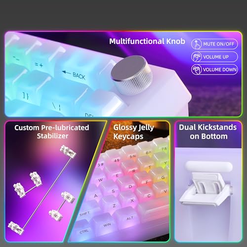 Womier Wireless 60% Gaming Keyboard with Dedicated Knob,Mechanical Keyboard | QMK/VIA Creamy Keyboard Tri-Mode Thocky Custom Jelly White Key Board, Hot Swappable Gasket Mount RGB for Win/Mac(Q61 V2) - color: White Jelly-Q61 V2