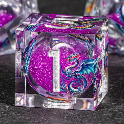 OUKELANWO Liquid Core Dragons Stickers DND Dice Set D&D, 7Pcs Dungeons D and D Role Playing Dice with Gift Box, Resin Sharp Edge Dice D20 D12 D10 D8 D6 D4, Purple White - color: Purple