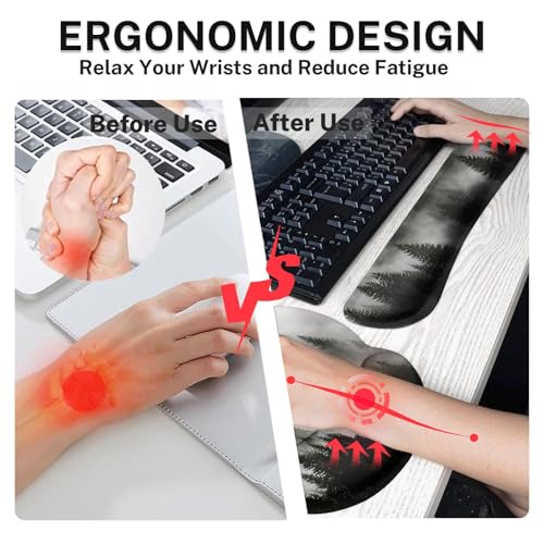 Arttown Keyboard Mouse Pad Set, 4 in 1 Desk Mat Set Forest Misty | Foggy Tree Large Mousepad+Keyboard Wrist Rest+Mouse Wrist Rest+Coaster Ergonomic Design for Home Office Computer - color: Forest in Fog