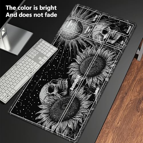 MTG Playmat with Zones, TCG Card Game Play Mat with Stitched Edges, Non-Slip Rubber Base Gaming Desk Mat, Smooth Surface 24 x 14 Inch, Dark Sunflower Skull - color: Dark Sunflower Skull, size: Zone 1