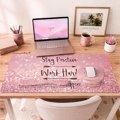 iCasso Mouse Pad,Large Pink Desk Mat Set, 4in1 Back to School XXL Mousepad + Keyboard Wrist Rest+Mouse Wrist Rest+Coaster with Ergonomic Desk Pad for Home Office Computer Cover -Pink Stay Positive - color: 1-Pink Stay Positive