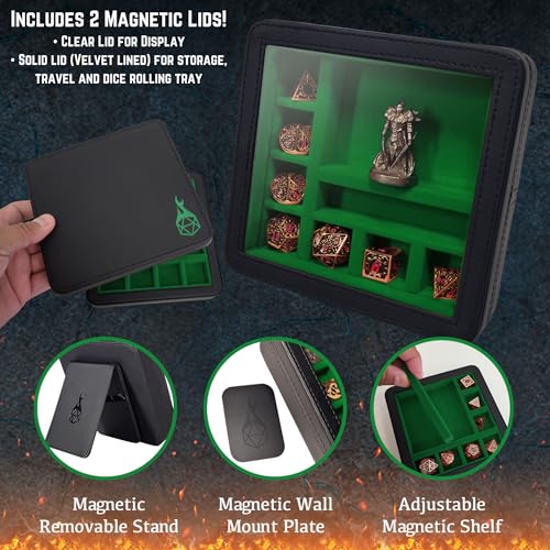 Forged Dice Co. RPG Character Shrine Display Case for Dice and DND Miniatures - Includes Travel Dice Tray and Display Lid - Compatible with Dungeons and Dragons Dice and Miniatures - Green - color: Green
