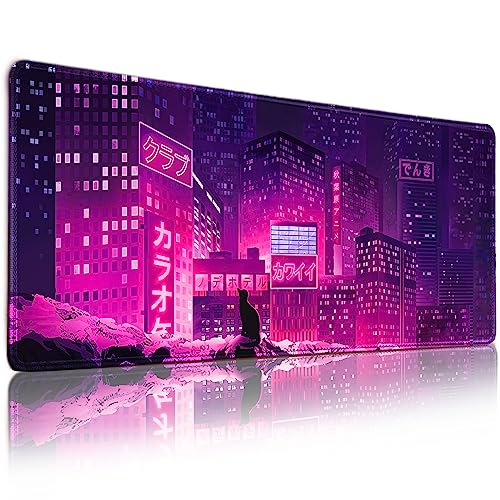 Gaming Laptop Mouse Pad,Sea Wave Big Mice Pads PC Keyboard Waterproof and Non-Slip 31.5" x 11.9" 0.12" Thick XL,XXL Rubber Table Mat, Purple Cyberpunk City Night View - color: Japaese Anime, size: 31.5" x 11.9"