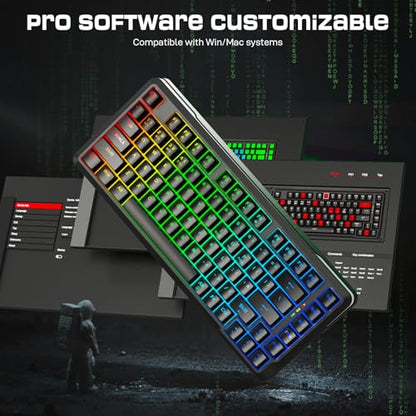 Redragon K713 Wireless Mechanical Keyboard, Gasket Mounted RGB Gaming Keyboard, 3-Mode (2.4G/BT/USB), Pre-Lubed Linear Red Switches, 75％ Layout, 82 Keys Hot Swappable for PC/Mac - Black - color: Abyssal Black, size: Pre-Lubed Red Switch