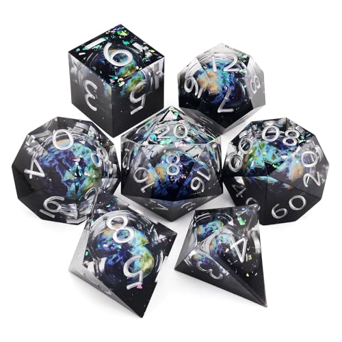Haxtec Sharp Edge Resin Dice Set, Liquid Core DND Dice, Planet RPG Dice for Dungeons and Dragons TTRPGs, Unique D&D Gifts for Dungeon Masters & Players (Black Blue) - color: Black Blue