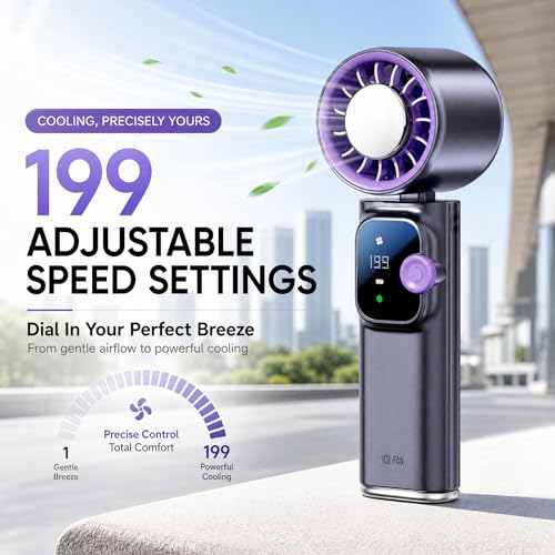 Portable Handheld Fan with Ice Cooling Personal Rechargeable Mini Neck Fan | 199-Speed 20000RPM 4000mAh Battery Powered up to 15hrs, LED Display Foldable & Hangable for Travel, Camping & Outdoor, Purple - color: Gray-Purple