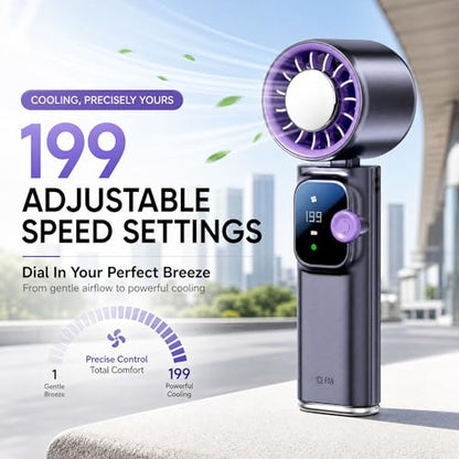Portable Handheld Fan with Ice Cooling Personal Rechargeable Mini Neck Fan | 199-Speed 20000RPM 4000mAh Battery Powered up to 15hrs, LED Display Foldable & Hangable for Travel, Camping & Outdoor, Purple - color: Gray-Purple