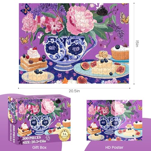 500 Piece Jigsaw Puzzles for Adults, Elegant English Tea Party Puzzles, Fun and Challenging Puzzle for Family Time, Relaxing Gift for Adults,Seniors, Age 12+, 20.5 x 15 in - style: VASE