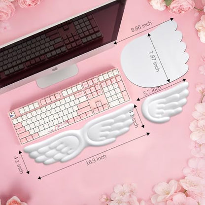 JIKIOU Angel Wing Wrist Rest Ergonomic Memory Foam Wrist Rest for Keyboard | Cute Savior of Wrist Pain, PU Leather Surface, Anti-Slip Base, Waterproof, Compatible with Most Keyboards & Mice, White