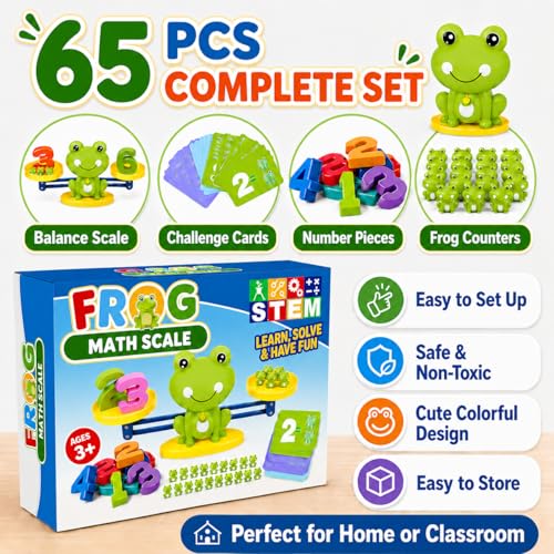 CozyBomB Frog Scale Balance Counting Toy - Preschool Math Learning Games | Frogs & Number Blocks & Math Learning Cards, STEM Montessori Toys Educational Gifts for Kids Ages 3 4 5 6 Year Old Birthday - color: Green
