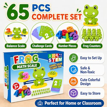 CozyBomB Frog Scale Balance Counting Toy - Preschool Math Learning Games | Frogs & Number Blocks & Math Learning Cards, STEM Montessori Toys Educational Gifts for Kids Ages 3 4 5 6 Year Old Birthday - color: Green