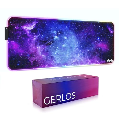 Gerlos RGB Gaming Mouse Pad, Large LED Desk Mat, 31.5 x 11.8 Inch | 12 light modes, non-slip base, water-resistant surface, stitched edges - color: Violet