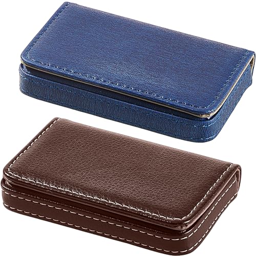 Outus 2 Pcs Business Card Holder, PU Leather Business Card Case Pocket Wallet with Magnetic Shut for Valentines Gift Adult(Coffee, Blue) - color: Coffee, Blue