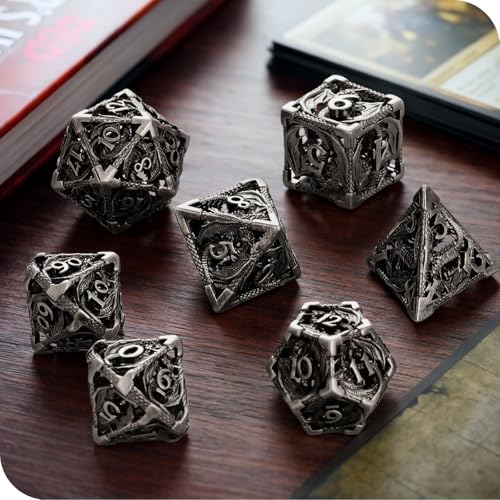 MoKo Dragon Hollow Metal DND Dice Set, Silver | 7 Pcs Polyhedral, D20 D12 D10 D8 D6 D4, For Dungeons and Dragons RPG Games, With Gift Box - color: 4 - Sliver