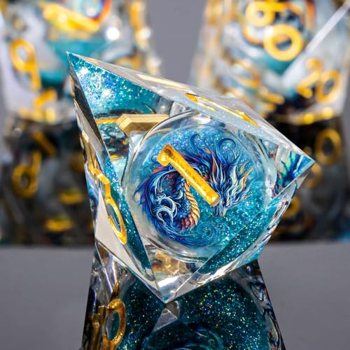 Roycevon Dragon Pattern Liquid Core DND Dice Set, 7Pcs Sharp Edge Dice with Gift Box, Resin Blue Dungeons Dragons D and D Role Playing Dice D20 D12 D10 D8 D6 D4 - color: Blue Gold